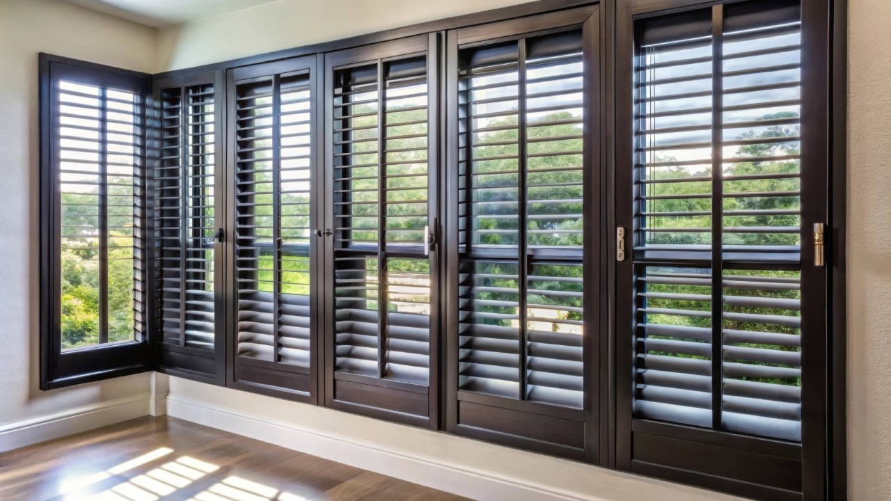 A set of dark interior shutters for an interior space at Royal Furniture & Design near Key West, FL